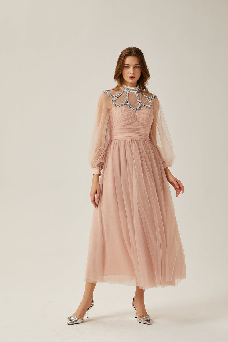 Calixte pink embellished tulle midi dress