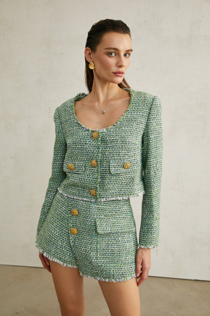 Alyss green tweed jacket & shorts matching set