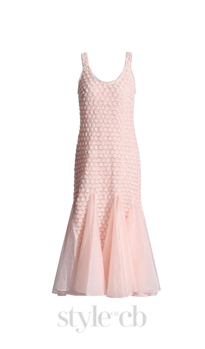 SYLVIA PINK EMBROIDERED SPLICING SLEEVELESS MIDI DRESS