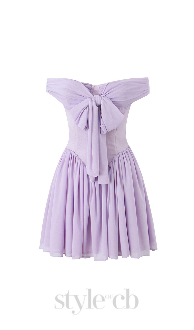 YVETTE PALE PURPLE OFF SHOULDER MESH MINI DRESS