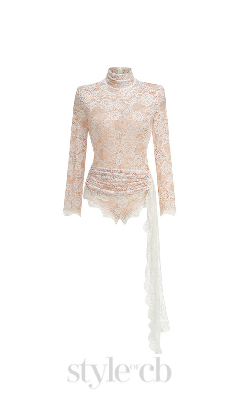 ZANNA WHITE HIGH NECK EMBROIDERED LACE BODYSUIT