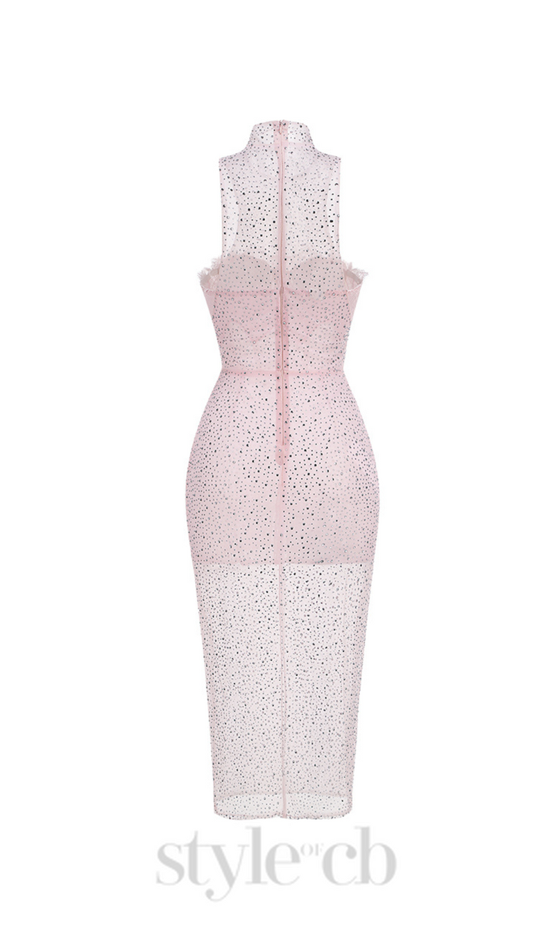 ADORA PINK BRAIDED LEATHER CRYSTAL EMBELLISHMENT MIDI DRESS