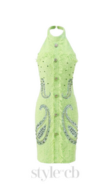 GEMMA PAISLEY-EMBELLISHED TWEED MINI DRESS IN GREEN