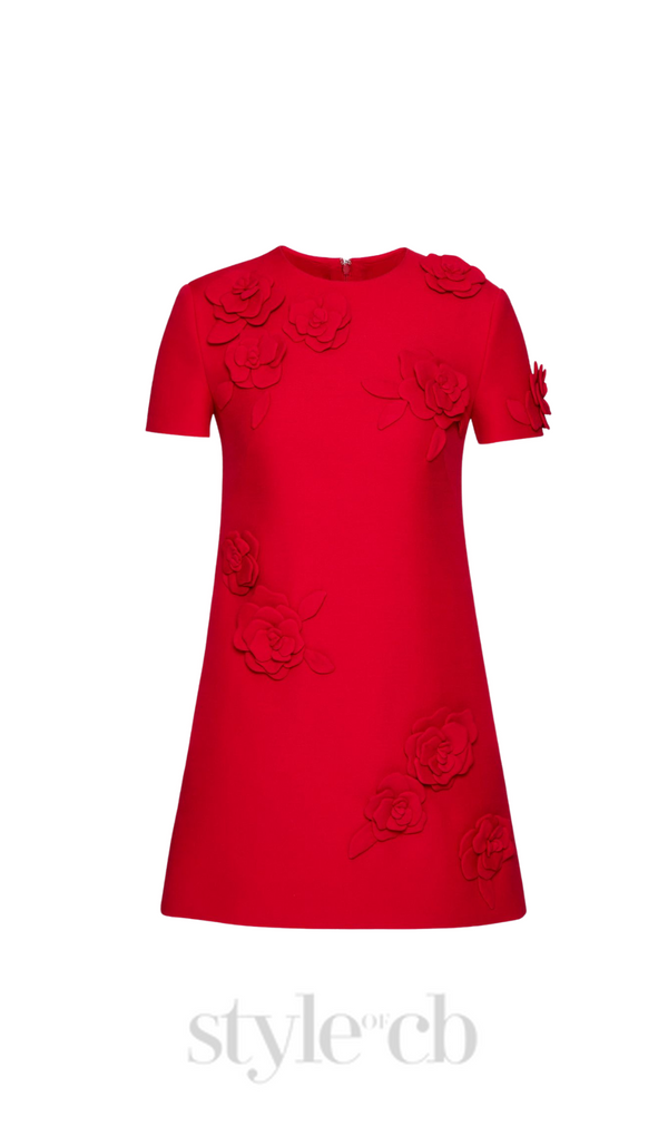 SELENA EMBROIDERED CREPE COUTURE MINI DRESS IN RED