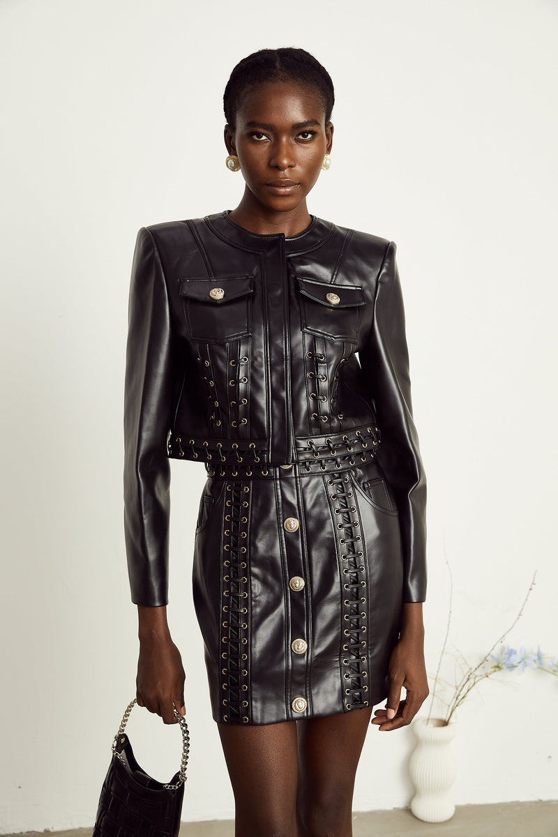 Daphné eyelet-embellished leather jacket & skirt matching set