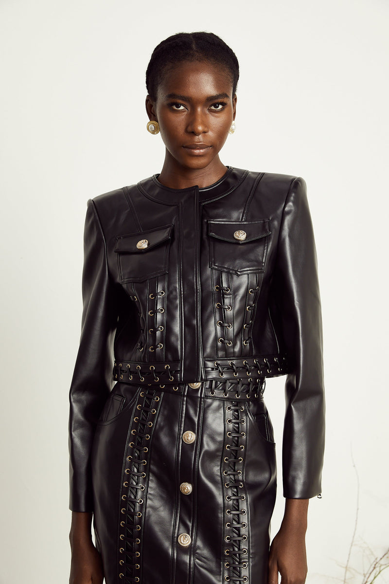 Daphné eyelet-embellished leather jacket & skirt matching set