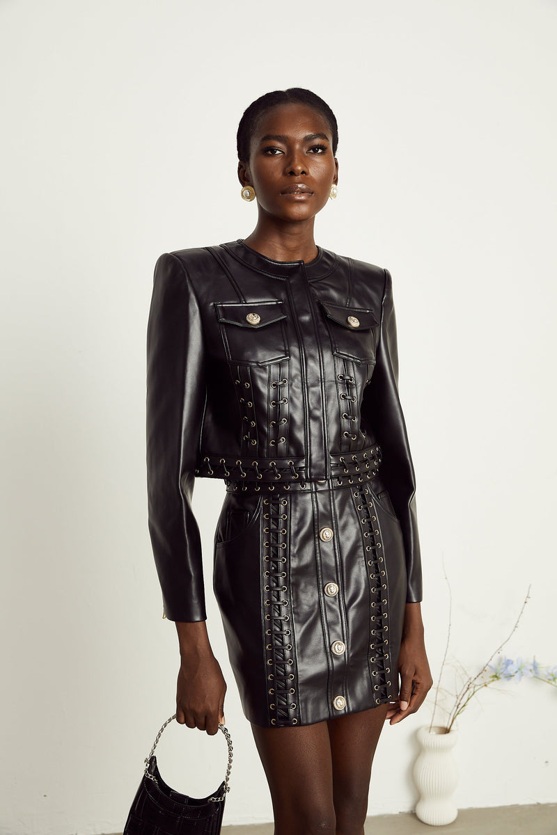 Daphné eyelet-embellished leather jacket & skirt matching set