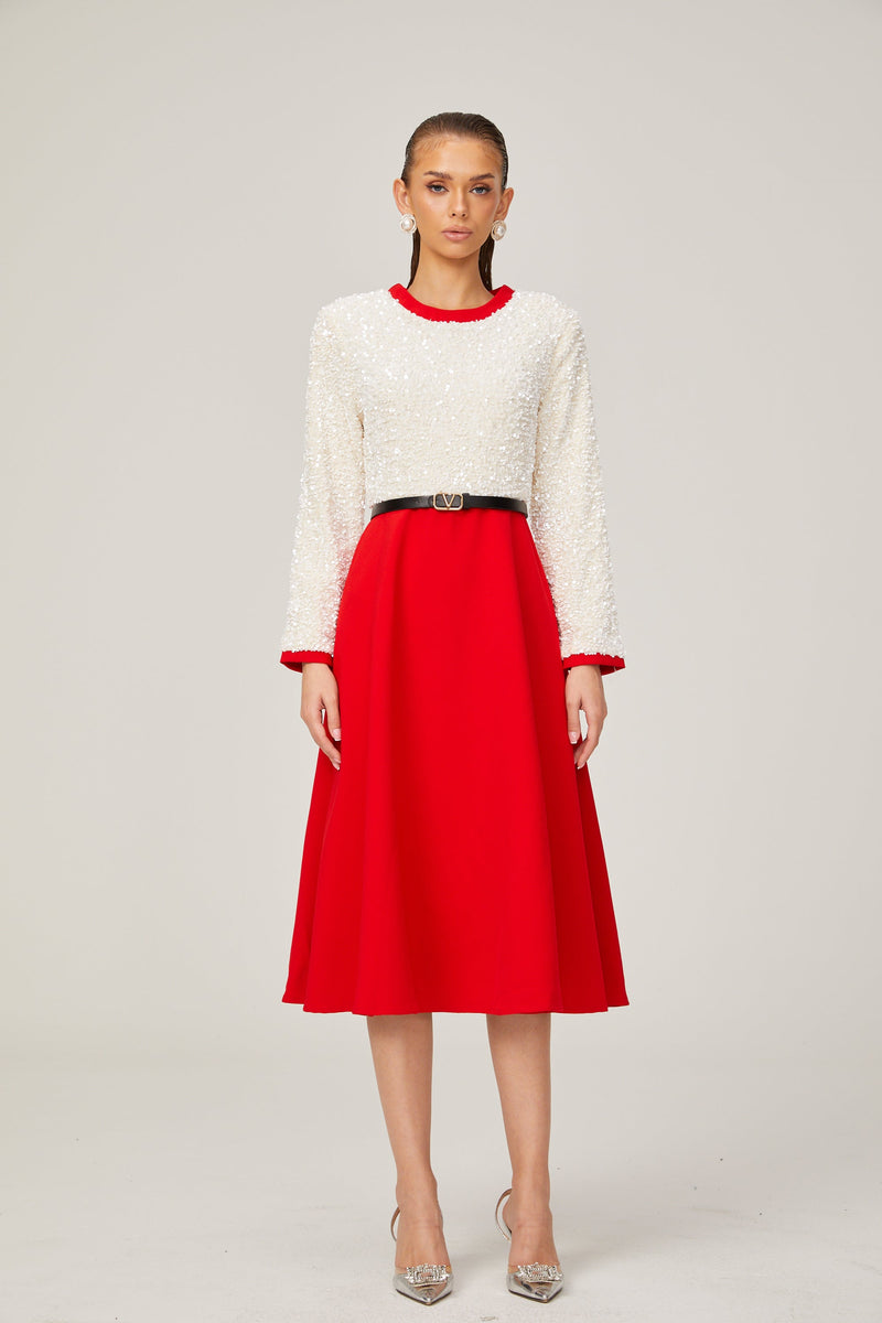 Chloé red long-sleeve sequined patchwork midi dress