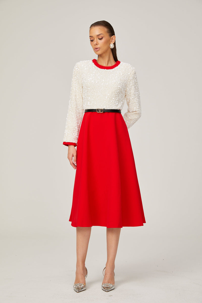 Chloé red long-sleeve sequined patchwork midi dress