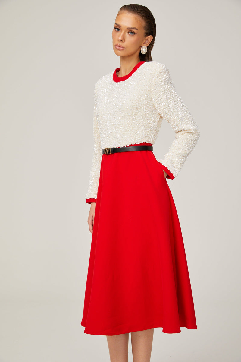 Chloé red long-sleeve sequined patchwork midi dress