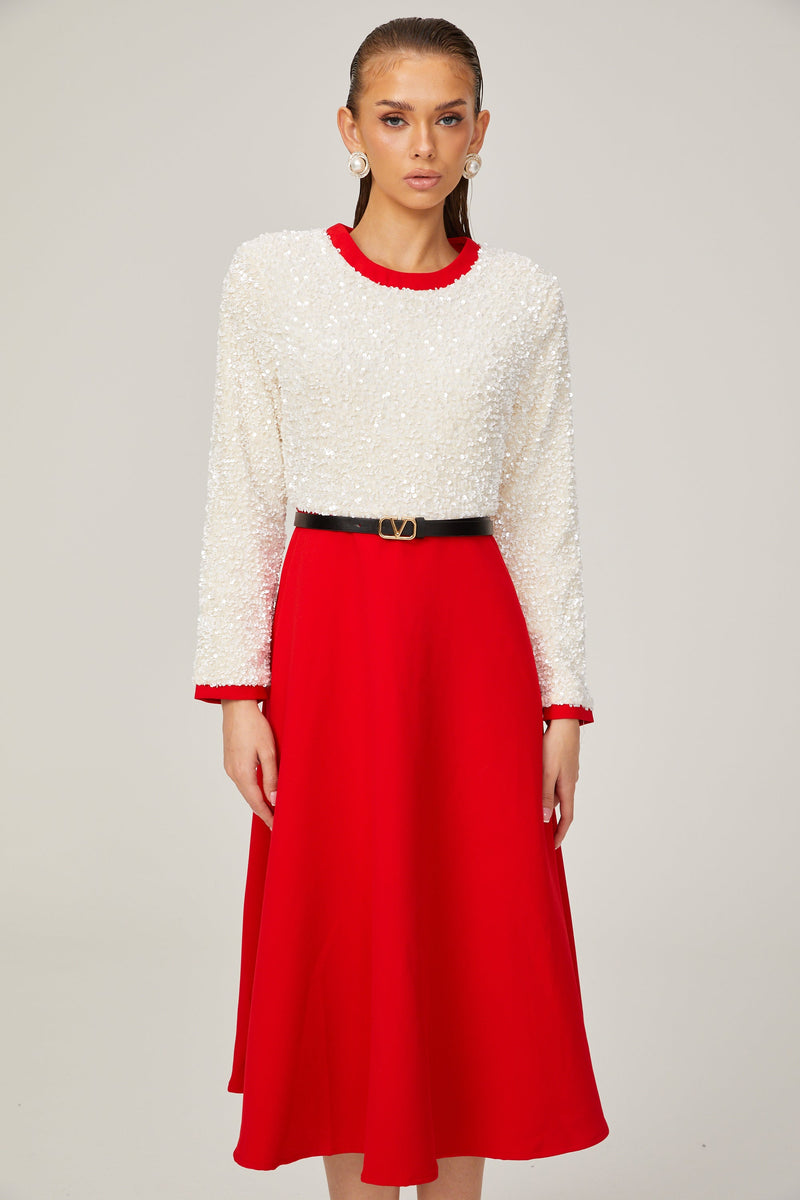 Chloé red long-sleeve sequined patchwork midi dress