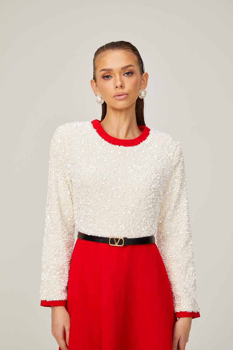 Chloé red long-sleeve sequined patchwork midi dress