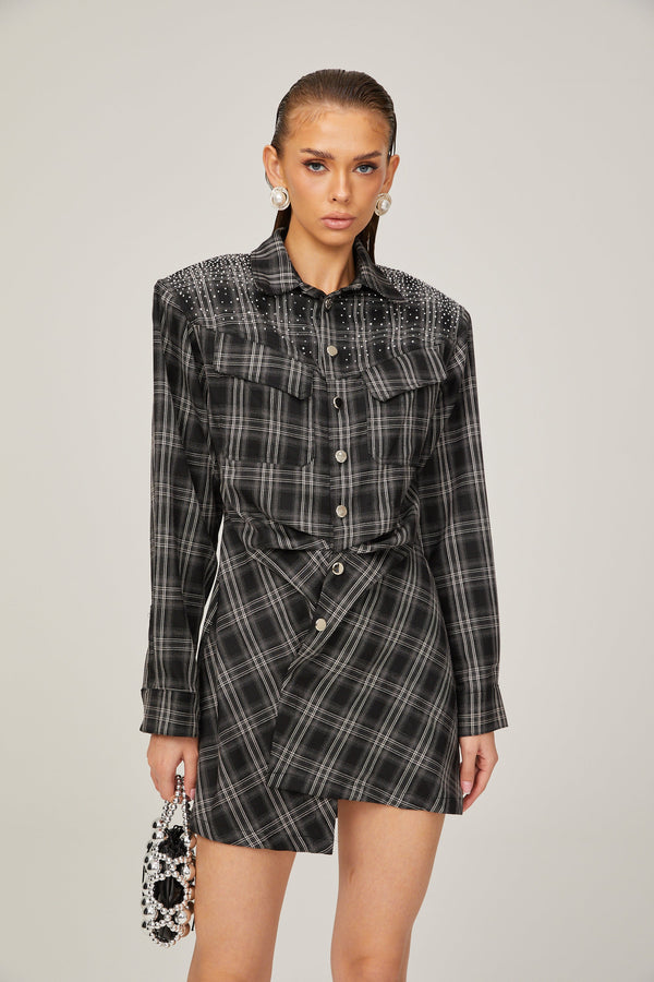 Jeannette black studded check mini shirt dress