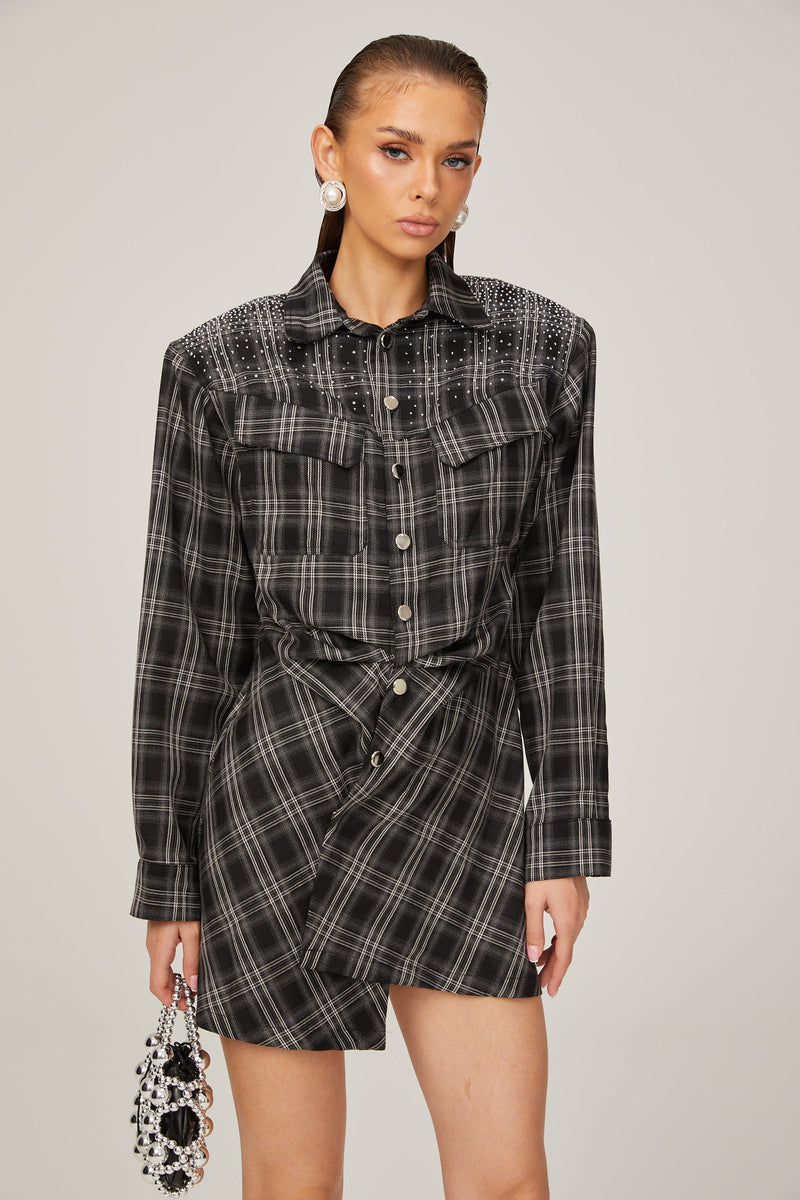 Jeannette black studded check mini shirt dress