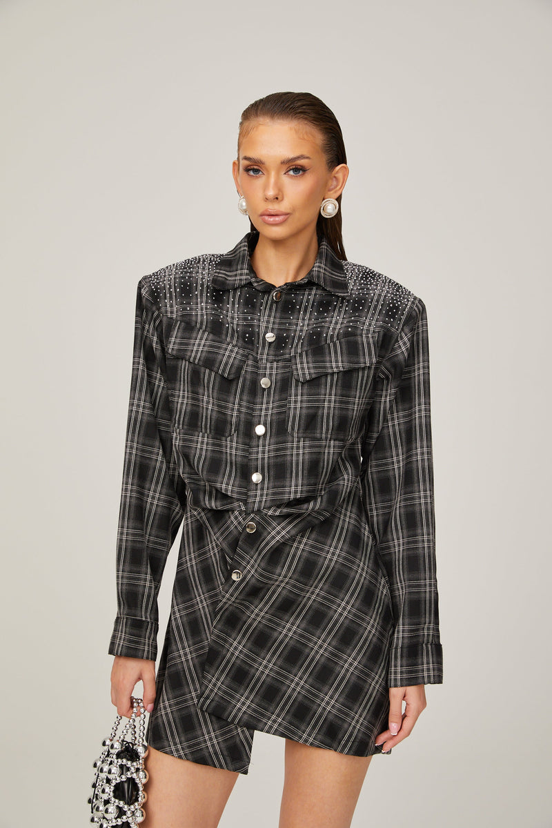 Jeannette black studded check mini shirt dress