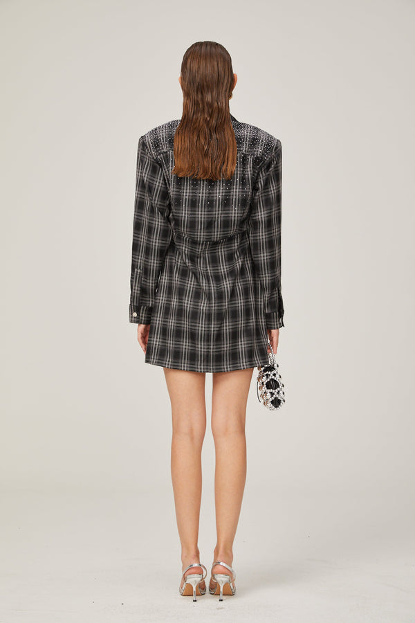 Jeannette black studded check mini shirt dress