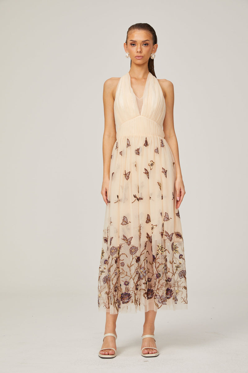 Joséphine halterneck butterfly-motif tulle midi dress