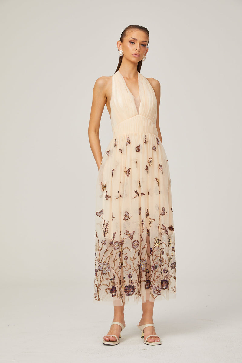 Joséphine halterneck butterfly-motif tulle midi dress