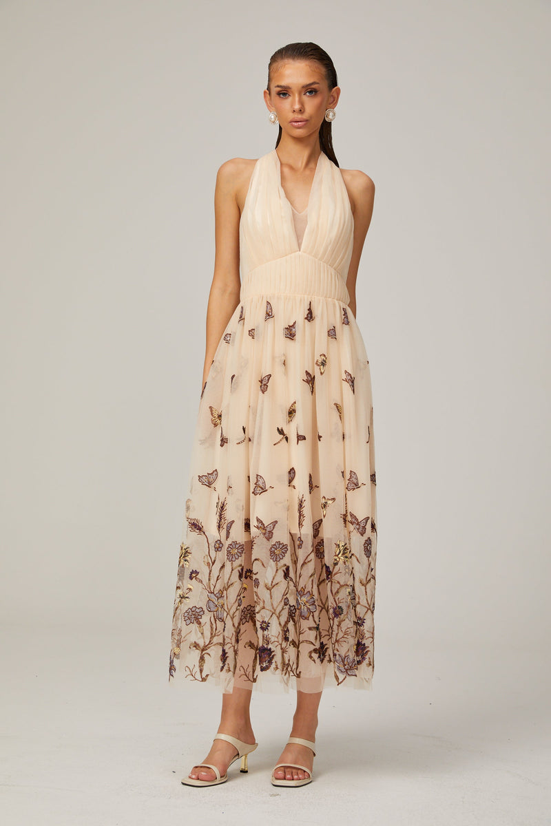 Joséphine halterneck butterfly-motif tulle midi dress