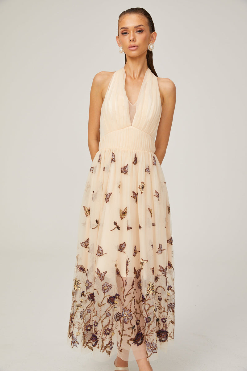 Joséphine halterneck butterfly-motif tulle midi dress