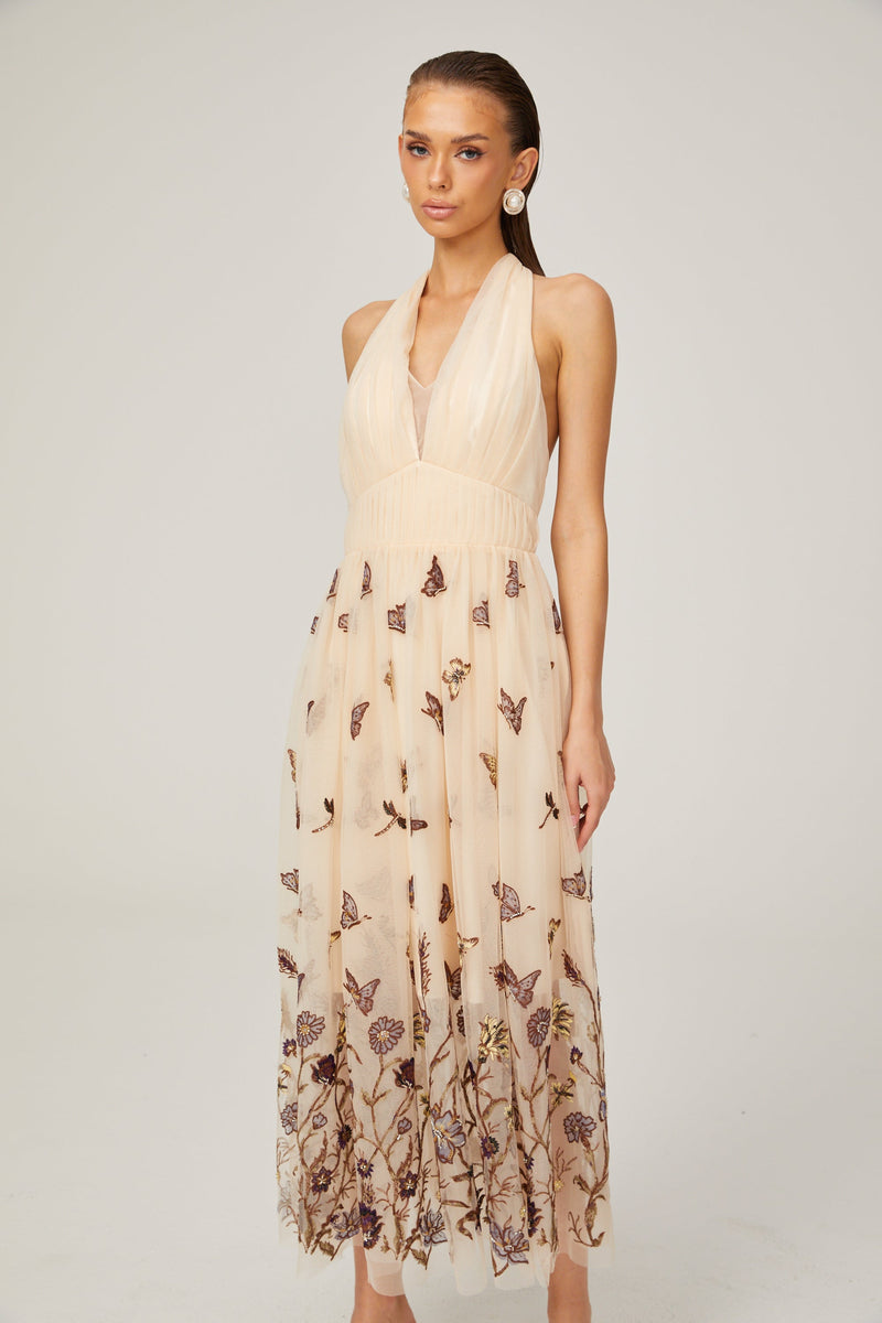 Joséphine halterneck butterfly-motif tulle midi dress