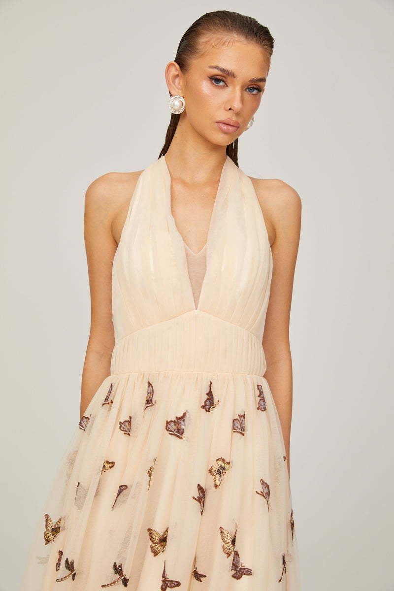 Joséphine halterneck butterfly-motif tulle midi dress