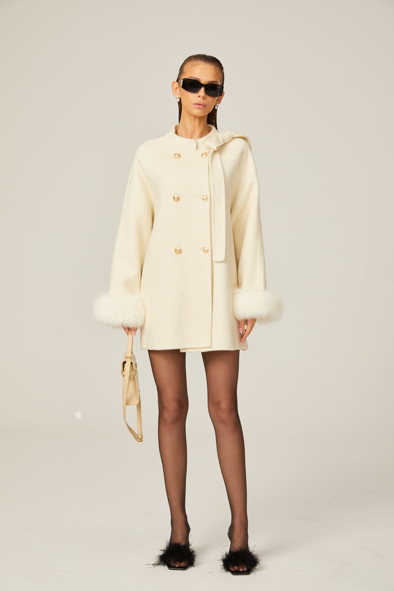 Colette white wool fur bowknot coat