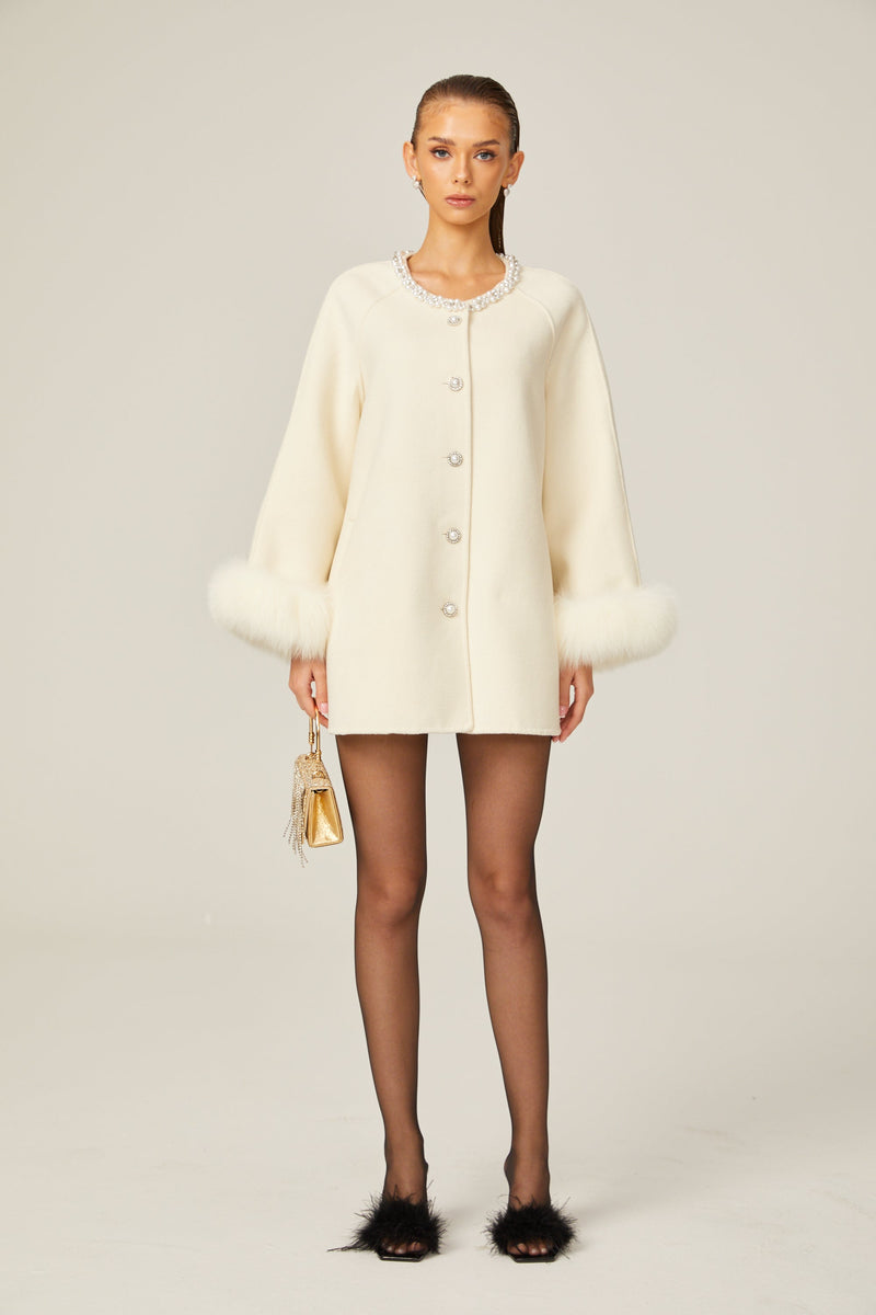 Frédérique white wool fur embellished coat