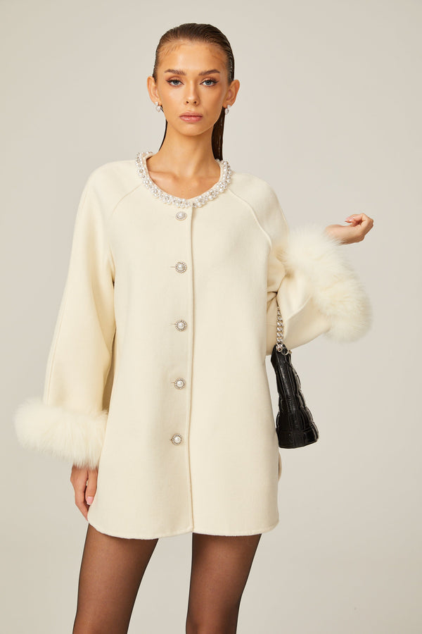 Frédérique white wool fur embellished coat