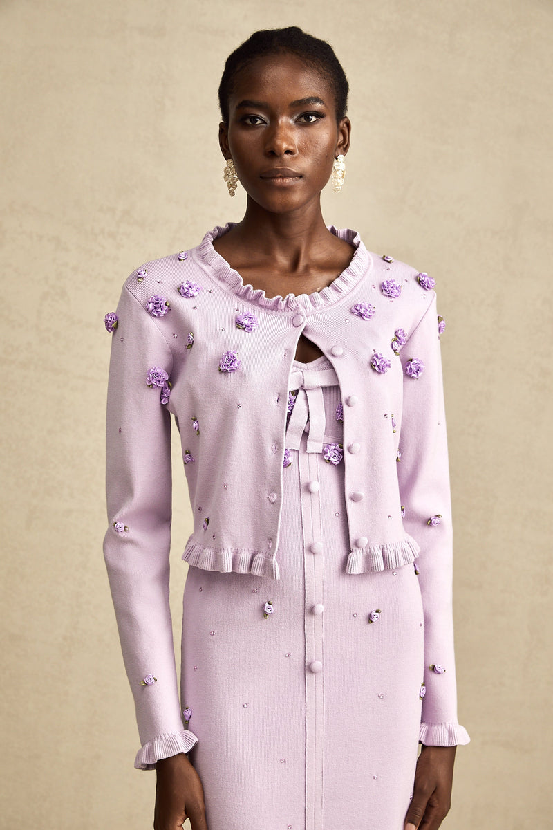 Estelle purple faux-flower knitted cardigan & dress matching set