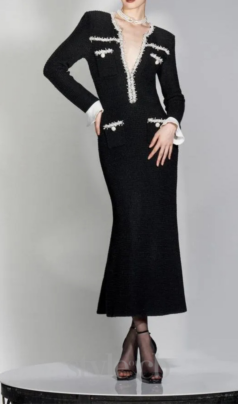 Metallic Yarn Velvet Midi Dress in black