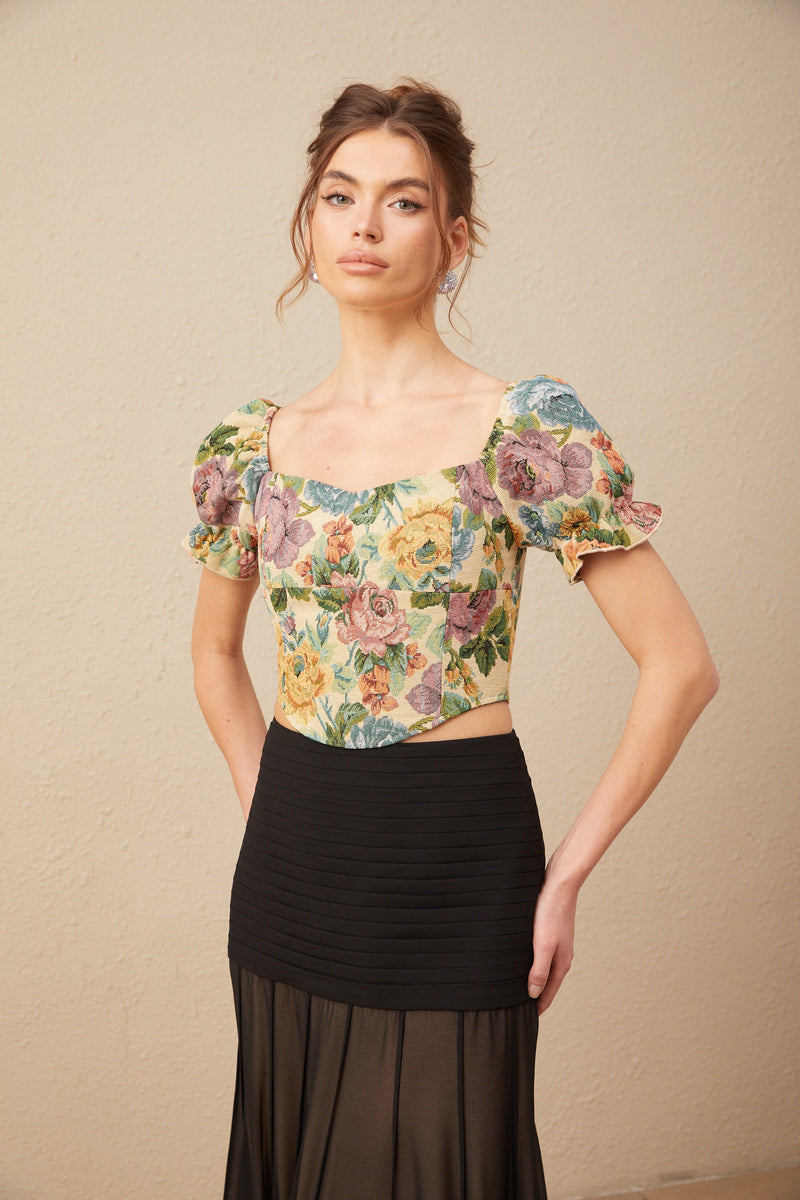 Constance floral-print jacquard cropped top