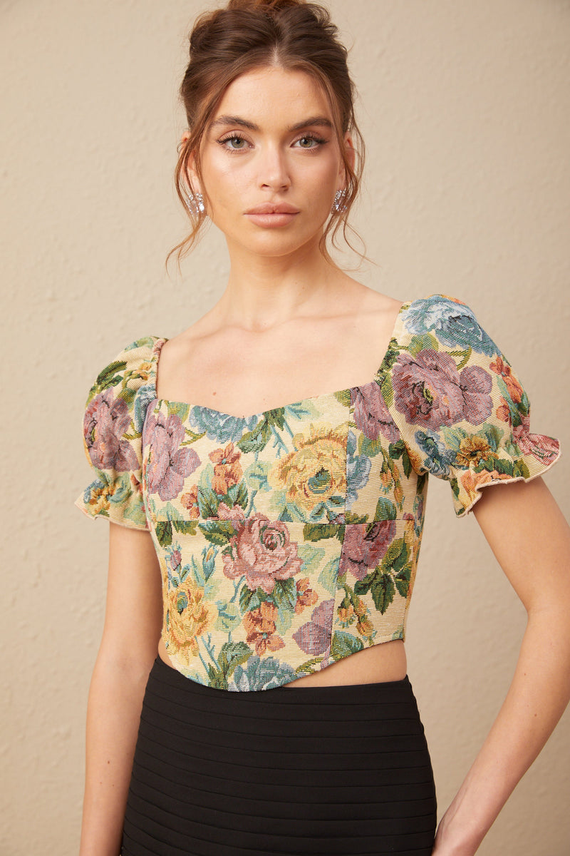 Constance floral-print jacquard cropped top