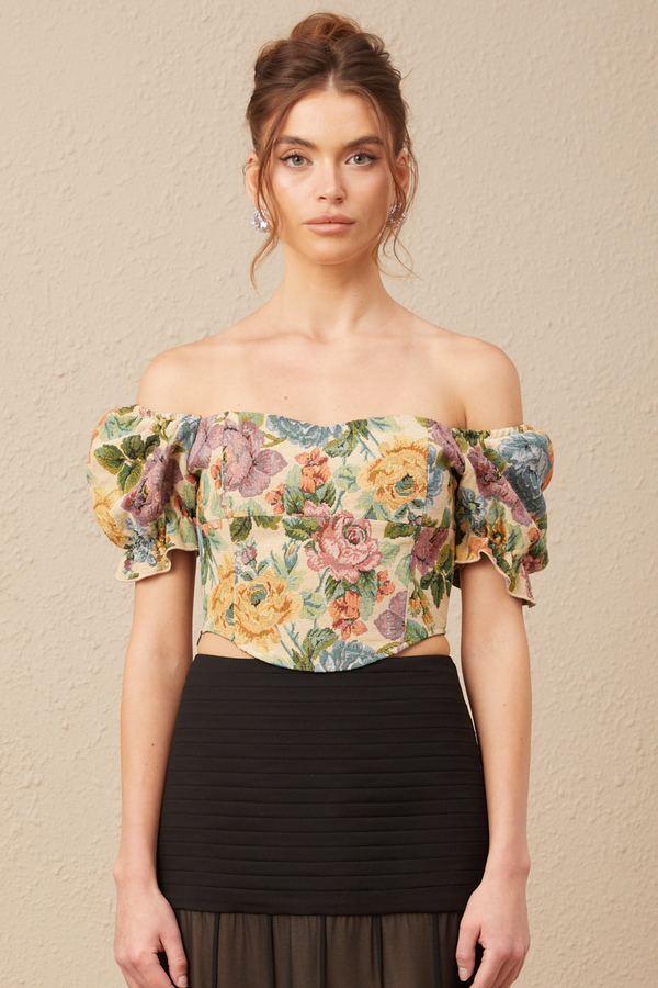 Constance floral-print jacquard cropped top