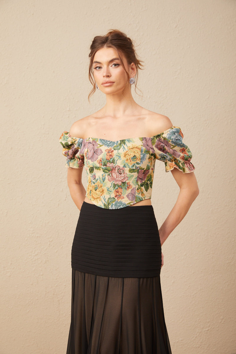 Constance floral-print jacquard cropped top