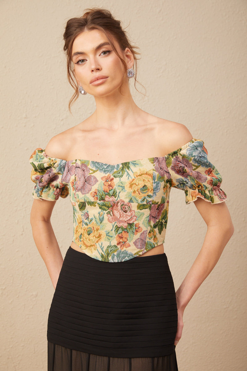 Constance floral-print jacquard cropped top