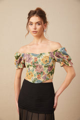 Constance floral-print jacquard cropped top