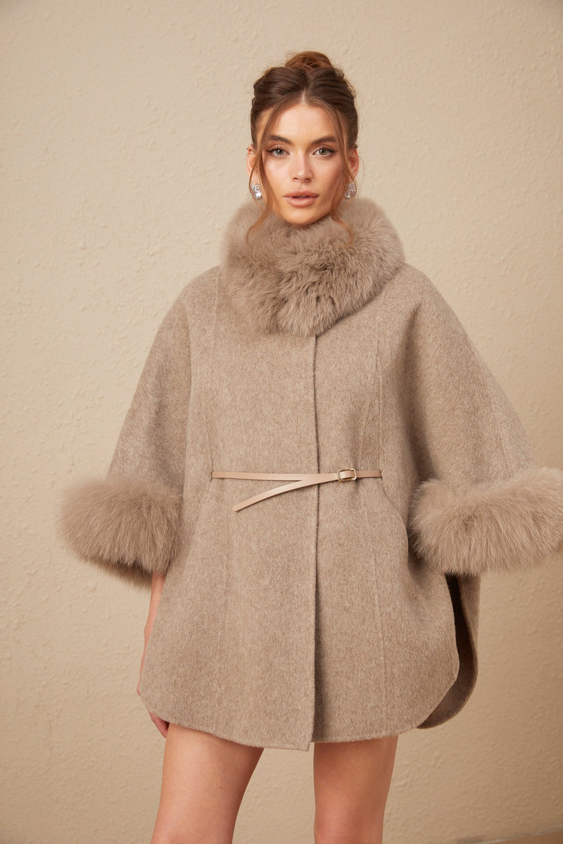 Chloris wool fur belted cape coat