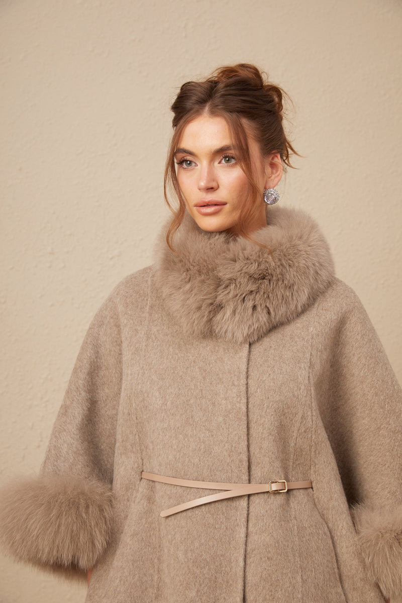 Chloris wool fur belted cape coat