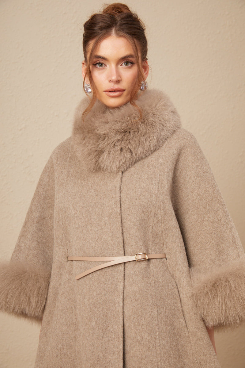 Chloris wool fur belted cape coat