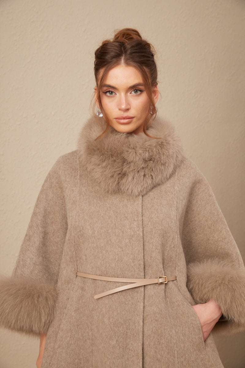 Chloris wool fur belted cape coat