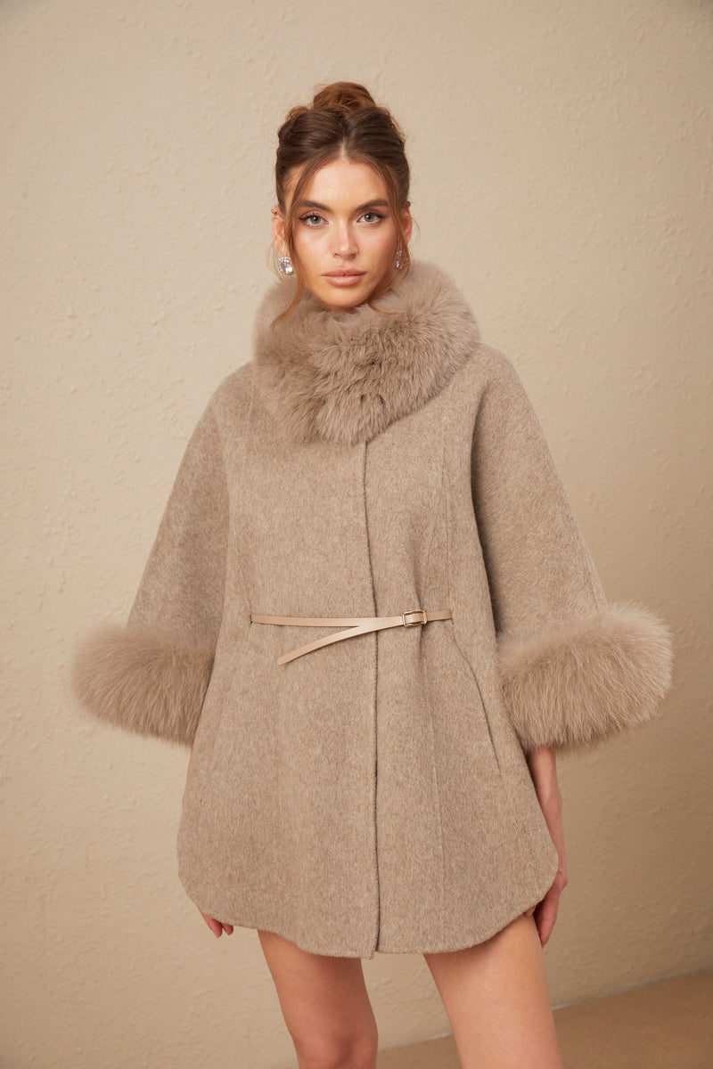 Chloris wool fur belted cape coat