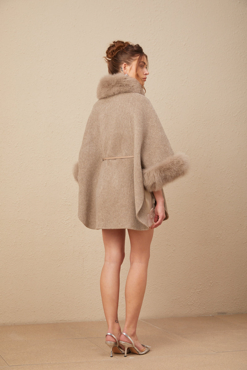 Chloris wool fur belted cape coat