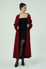 Luxurious Deep Red Belted Wool Coat with Oversized Fit