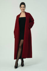 Luxurious Deep Red Belted Wool Coat with Oversized Fit