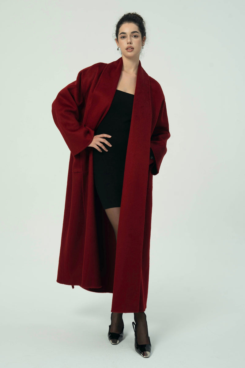 Luxurious Deep Red Belted Wool Coat with Oversized Fit