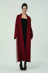 Luxurious Deep Red Belted Wool Coat with Oversized Fit