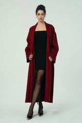 Luxurious Deep Red Belted Wool Coat with Oversized Fit