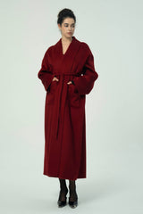 Luxurious Deep Red Belted Wool Coat with Oversized Fit