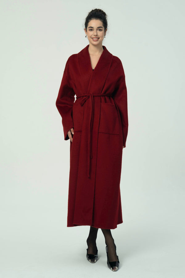 Luxurious Deep Red Belted Wool Coat with Oversized Fit